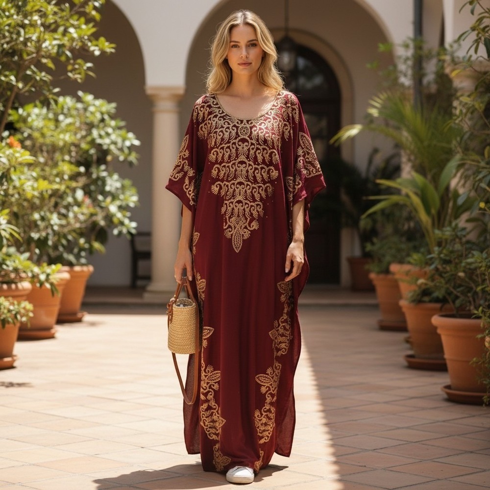 M&N Dira Time Burgundy Gold Embroidered Kaftan Maxi Dress Rhinestone Embellished